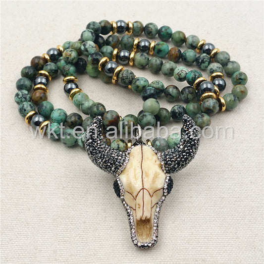 WT-N858 Wholesale 32" Beads Cattle Necklace Design Jewelry,8mm Africa Turquoise Beads Cattle Necklace Charm Rhinestone Paved