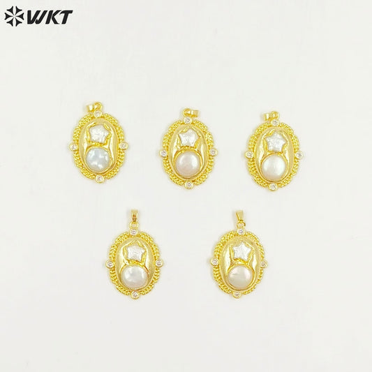 WT-JP390 New Innovation Sweet and Lovely Style Yellow 18K Gold Plated Natural Star Round Pearl Pendant for Girls As Special Gift