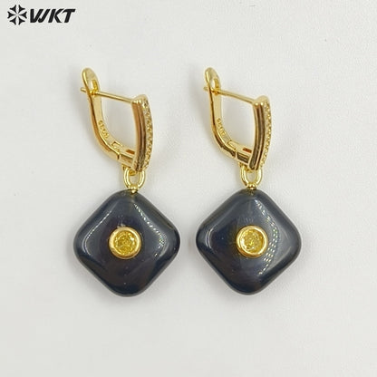 WT-E797 Wholesale Unique Design Gold Plated Black Obsidian Multi Gemstones With Zircon Geometric Women Earrings As Party Gift