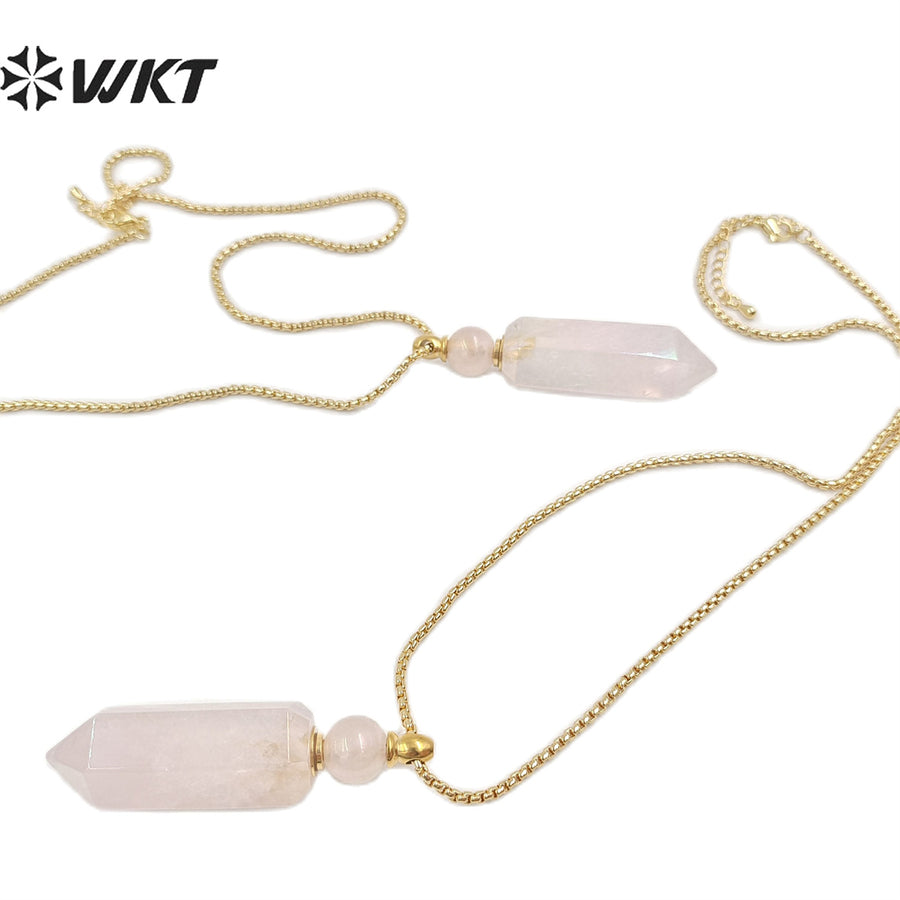WT-N1369 Crystal Quartz Pink Crystal Hexagonal Prismatic Charming Pendant Necklace for Women Gifts Perfume Bottle Necklace