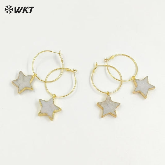 WT-E739 Wholesale Fashion Druzy Five Star Natural Crystal Quartz Stone Earrings Round Hoop Shape Women Beautiful Jewelry