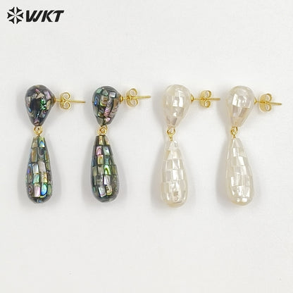 WT-MPE191 Gorgeous Trendy Natural White And Abalone Shell Waterdrop Shape Gold Earrings For Women Vintage Style Jewelry