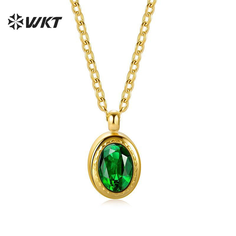 WT-REN034 Emerald Zirconium Pendant Necklace Oval Geometric French Black Zirconium Clavicle Chain Stainless Steel Necklace