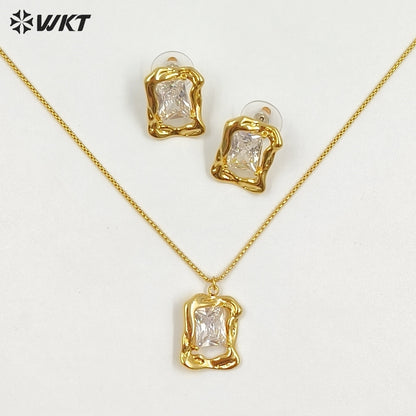 WT-JFN73 One Set Sales Sparkling Simple Design Gold Electroplated Zircon Necklace And Earrings For Women Luxury Jewelry