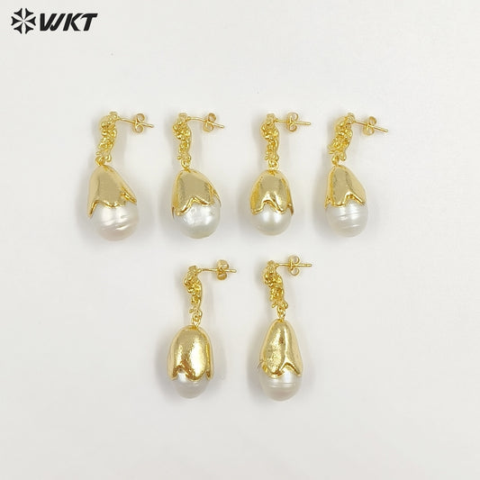 WT-MPE166 Gentle And Elegant Style Gold Plated Natural Baroque Pearl Women Drop Earrings For Fashion Wedding Jewelry Gift