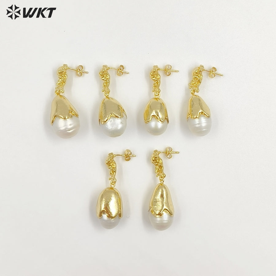 WT-MPE166 Gentle And Elegant Style Gold Plated Natural Baroque Pearl Women Drop Earrings For Fashion Wedding Jewelry Gift