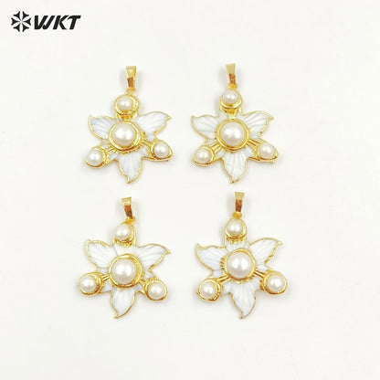 WT-JP394 New Arrivals Elegant and Gentle 18K Gold Plated Natural Flower Shell Round Pearl Pendant for Women Jewelry Accessories
