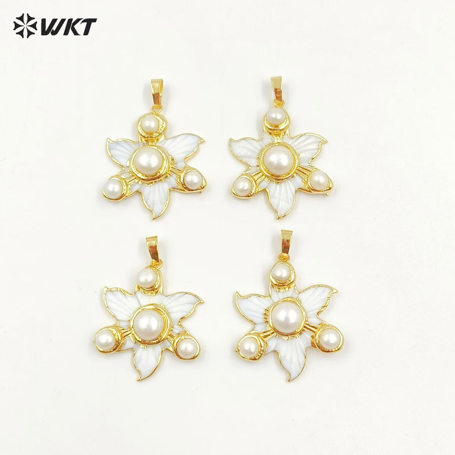 WT-JP394 New Arrivals Elegant and Gentle 18K Gold Plated Natural Flower Shell Round Pearl Pendant for Women Jewelry Accessories