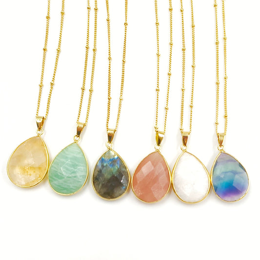 WT-N1418 Amazing INS Hot Natural Stone Made Drop Gemstone Necklace Women Precious Teardrop Stone Necklace