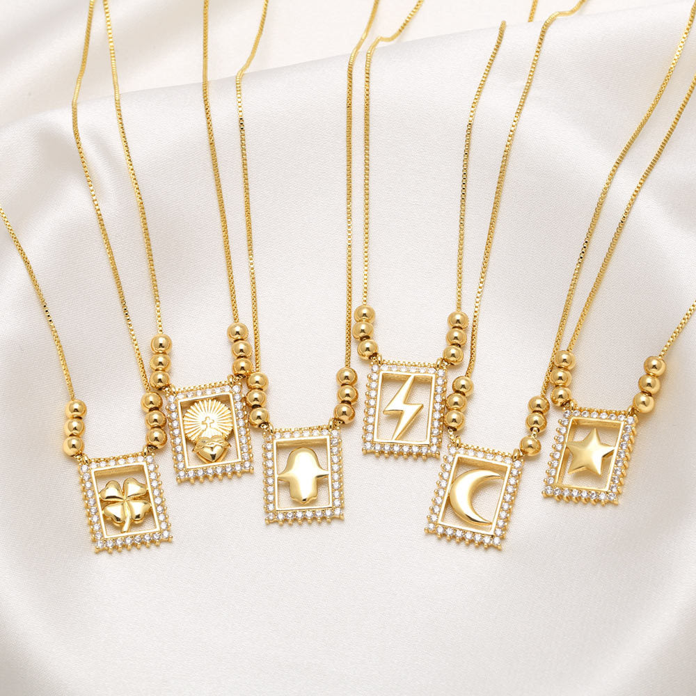 WT-JFN59 Trendy New Arrival Gold Plated Brass And Zircon Moon Star Patterns Square Pendants Necklace For Women Jewelry Accessory