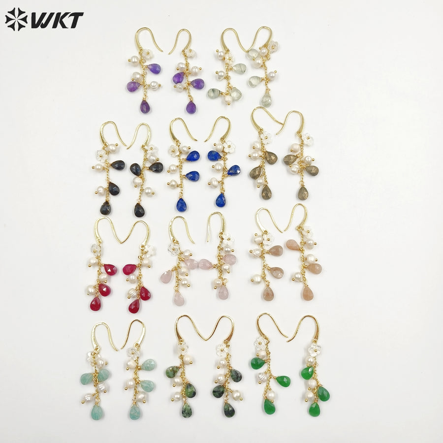 WT-MPE109 Bohemia Regular Natural Pearl and Stone 18k Gold Plated Gift for Women Weeding 62mm Romantic Pendant Earrings