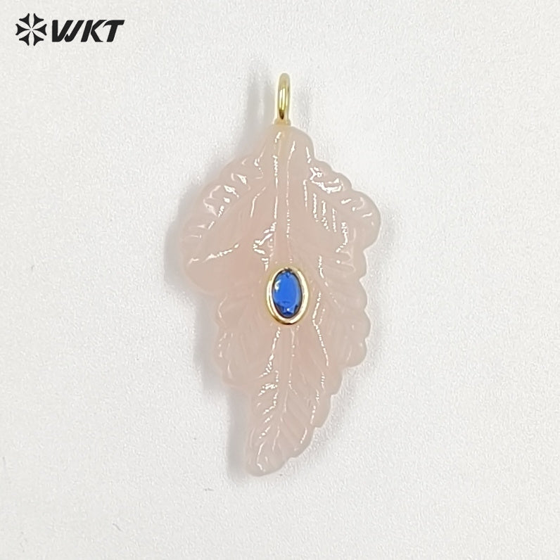 WT-P2094 High Quality Zircon Setting In Natural Gemstones Hand Carved Leaf Shape Pendants For Trendy Necklace Decorations