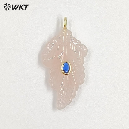 WT-P2094 High Quality Zircon Setting In Natural Gemstones Hand Carved Leaf Shape Pendants For Trendy Necklace Decorations