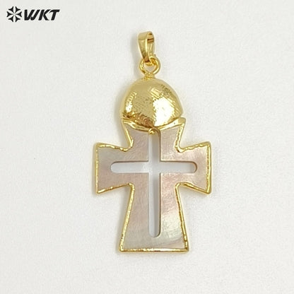 WT-JP422 Wholesale Vintage Style Natural Shell Gold Plated Cross Shape Middle Hollow Pendant For Unique Necklace Handmade