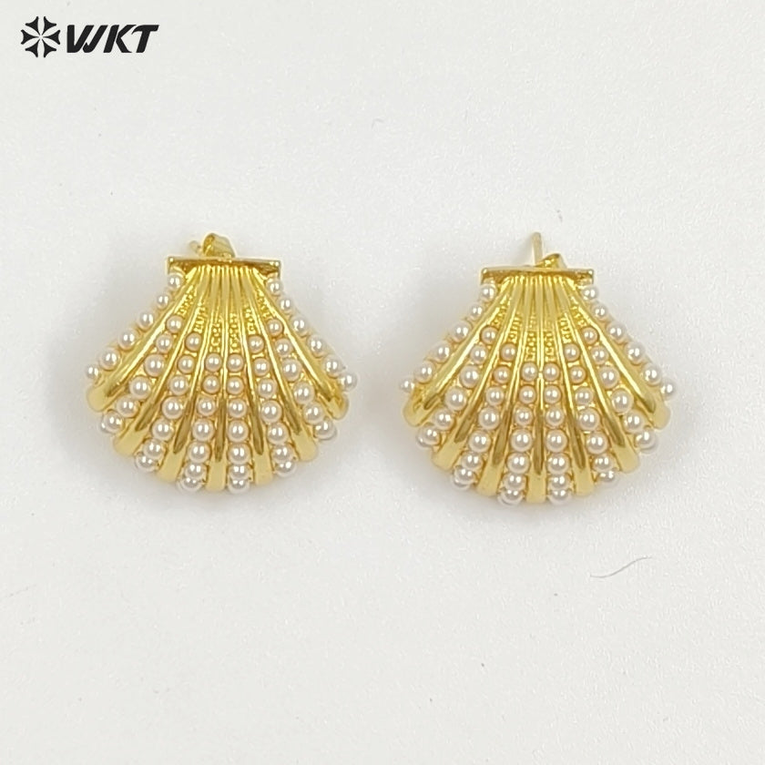 WT-ME124 New Arrival Delicate Gold And Silver Electroplated Brass With Artificial Pearl Shell Shape Earrings For Lovely Gift