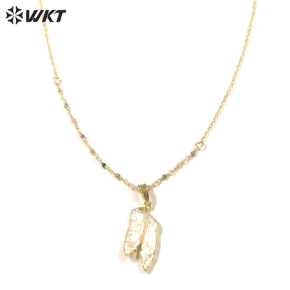WT-JN173 WKT Newest Fashion White Shell Pendant Necklace Gold Electroplated with Mini Gemstones Chain Lady Pearl Necklace