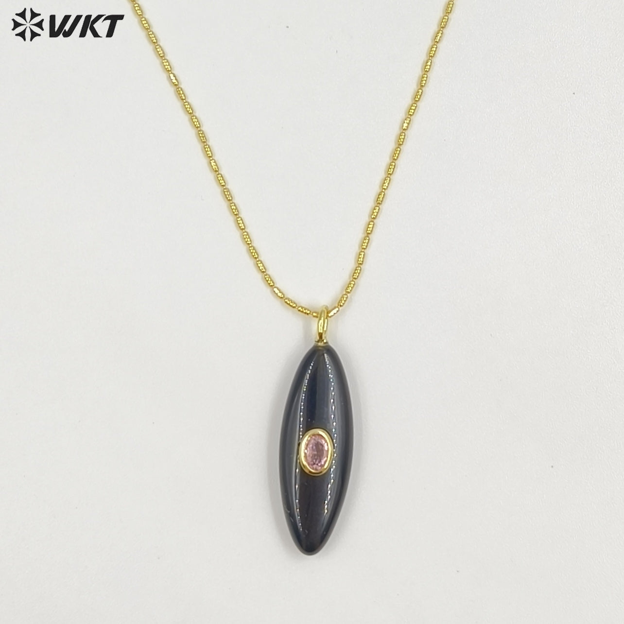 WT-N1509 High Quality Thin Chain Gold Electroplated Natural Gemstones With Zircon Long Oval Shape Pendant Necklaces As Lady Gift