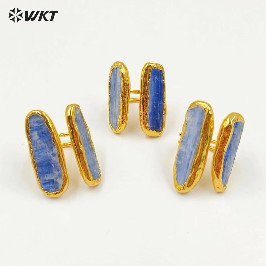 WT-R496 WKT New Design Fashion 18K Real Gold Plated Double Stone Blue Kyanite Ring in Open Size US7 Bohemian Style