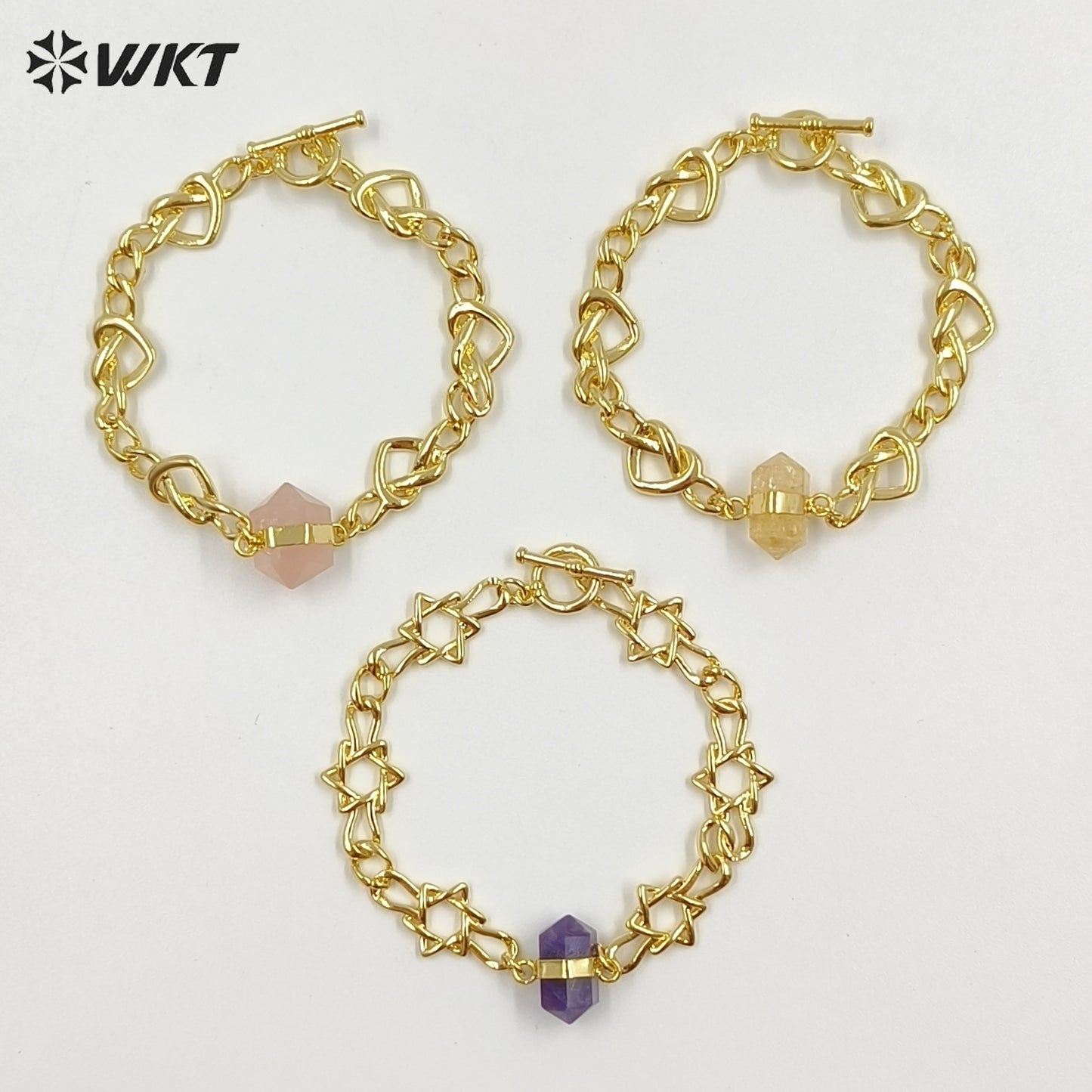 WT-B717 Exclusive Lovely Gold Plated Yellow Brass Heart Star Chain With Natural Gemstones Charms Bracelets As Friends Gift