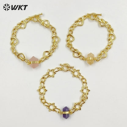WT-B717 Exclusive Lovely Gold Plated Yellow Brass Heart Star Chain With Natural Gemstones Charms Bracelets As Friends Gift