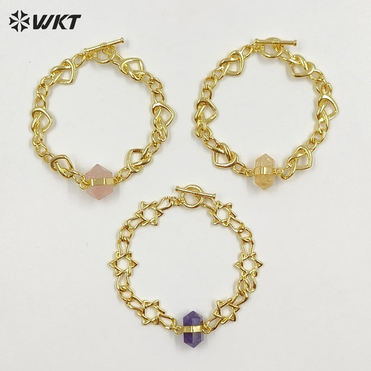 WT-B717 Exclusive Lovely Gold Plated Yellow Brass Heart Star Chain With Natural Gemstones Charms Bracelets As Friends Gift