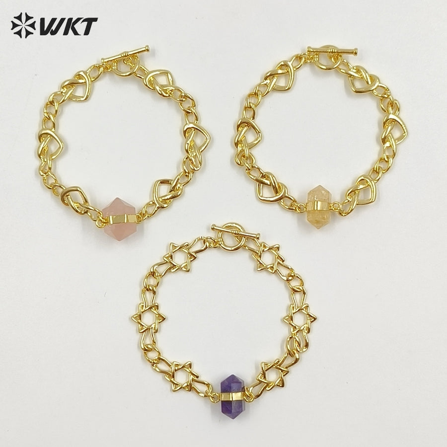 WT-B717 Exclusive Lovely Gold Plated Yellow Brass Heart Star Chain With Natural Gemstones Charms Bracelets As Friends Gift