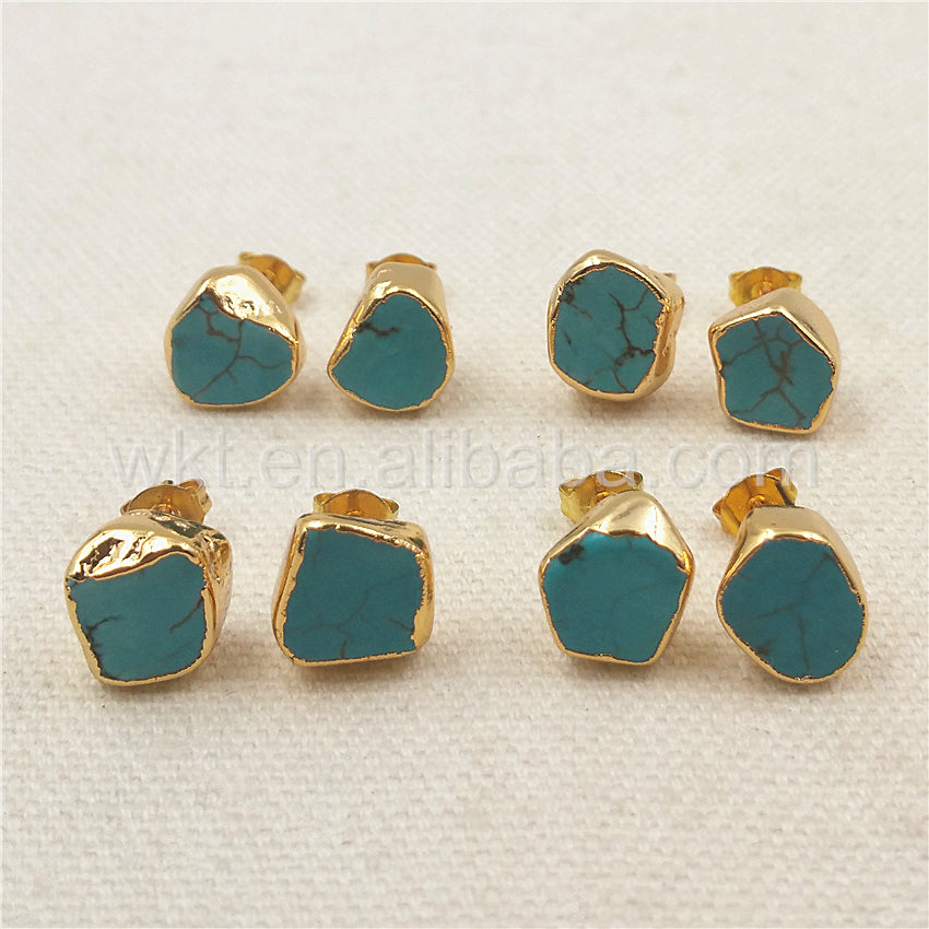 WT-E265 Hot Natural Boho Turquoise Studs,10mm Randomly Shape Green Turquoise Studs Earrings