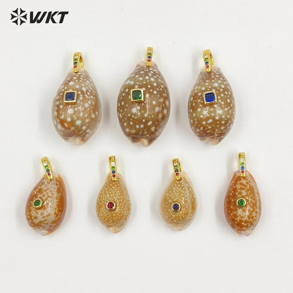 WT-JP495 Unique Style First Snow Cowrie Shell And Colorful Zircon Gold Pendants As Female Handmade Necklace Bracelet Findings