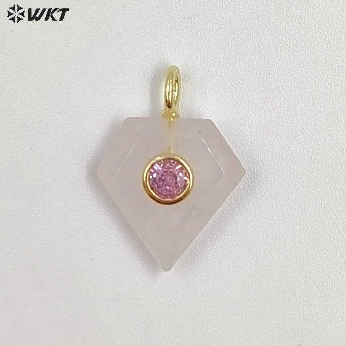 WT-P2052 New Arrival Zircon Gold Plated Rose Quartz Natural Gemstones Diamond Shape Charms Pendants For Handmade Gift Accessory