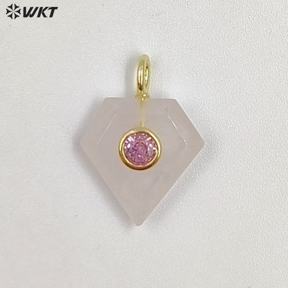 WT-P2052 New Arrival Zircon Gold Plated Rose Quartz Natural Gemstones Diamond Shape Charms Pendants For Handmade Gift Accessory