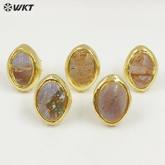 WT-R598 Factory Wholesale Gold Plated Big Natural Ocean Jasper Stone Rings Adjustable Size As Vintage Party Jewelry Gift