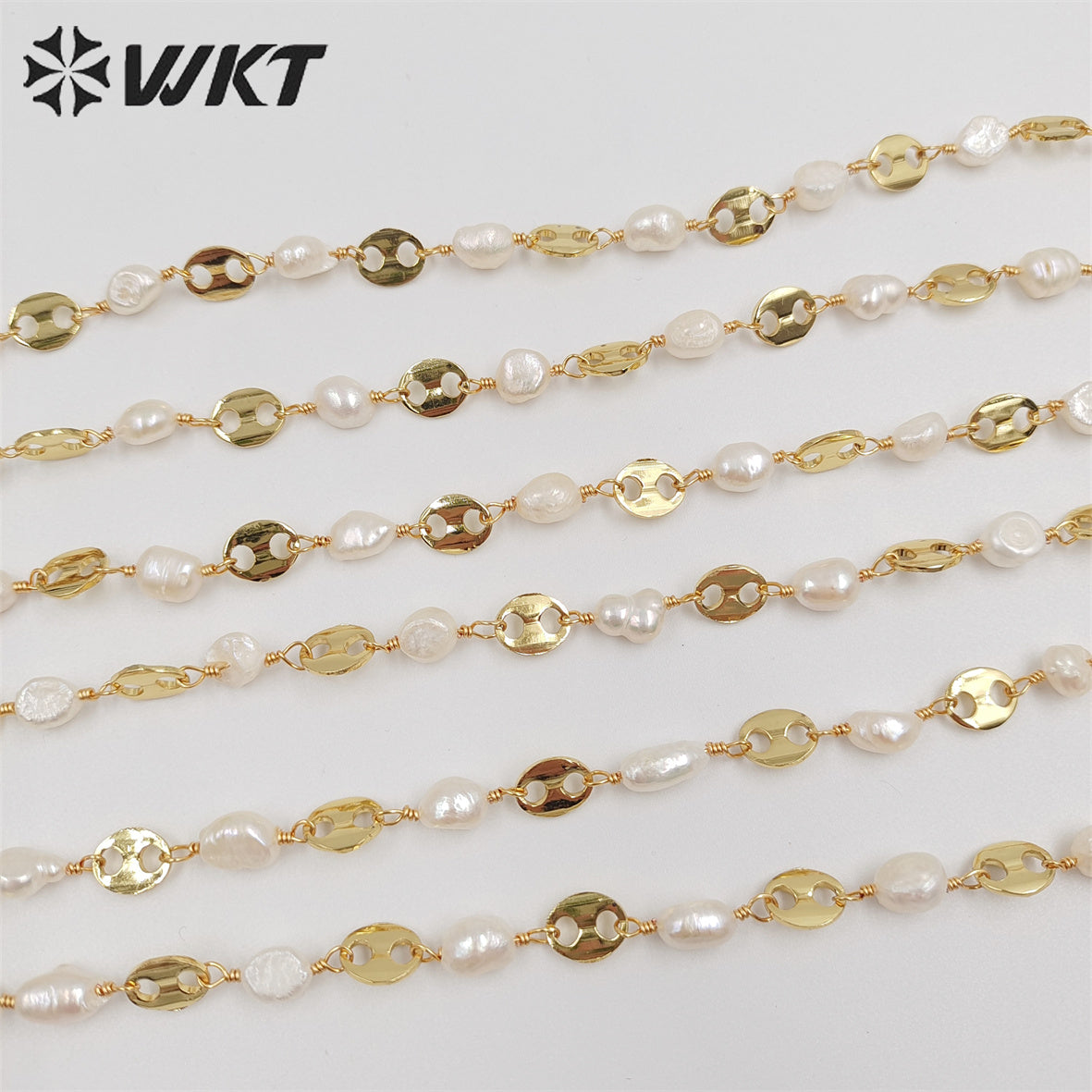 WT-RBC210 New Gold Electroplated Resist Tarnishable Freshwater Pearl Mixcure Chain for Jewelry Design Finding Bean Shape Chain