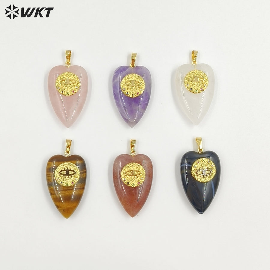 WT-P2047 Romantic Gold Plated Zircon And Tiger Eye Natural Gemstones Heart Shape Pendants As Lovely Handmade Jewelry Accessory