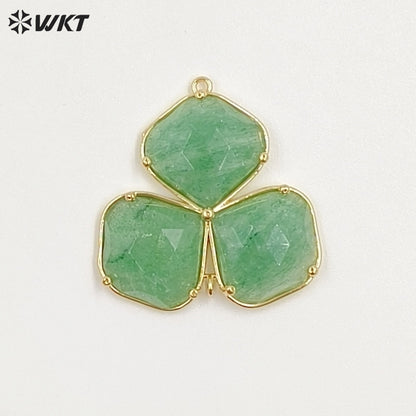 WT-P2129 Beautiful Gold Electroplated Three Natural Gemstones Leaf Shape Pendants As Handmade Jewelry Decorative Findings