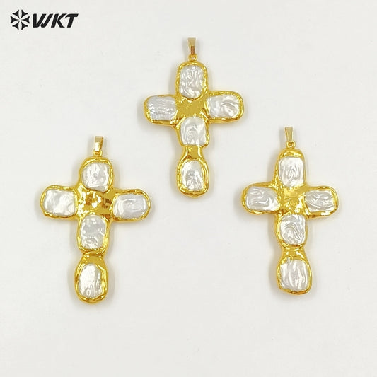 WT-JP420 New Sales Square Natural Freshwater Pearls Back Full Gold Plated Cross Shape Pendant For Jewelry DIY Accessories
