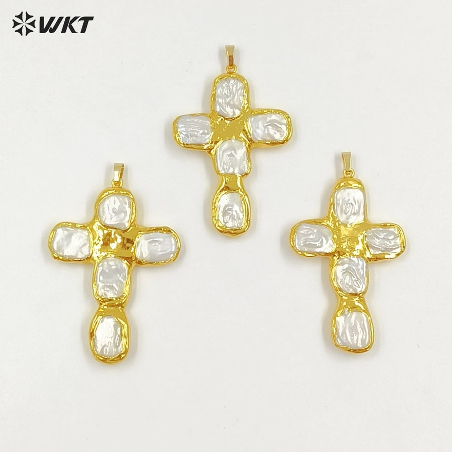WT-JP420 New Sales Square Natural Freshwater Pearls Back Full Gold Plated Cross Shape Pendant For Jewelry DIY Accessories