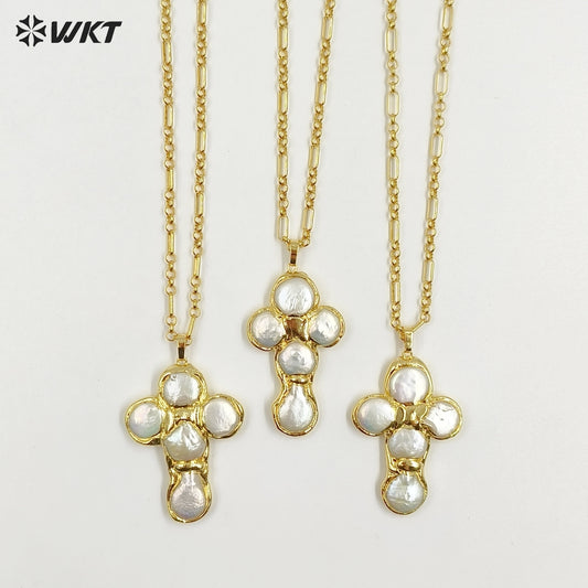 WT-JN330 Luxury Unique Chain With Gold Plated Round Natural Freshwater Pearls Cross Shape Pendant Necklace Wholesale Jewelry