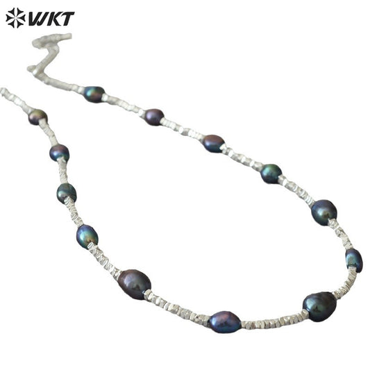 WT-JN260 Amazing Gorgeous Factory Sale Silver Black Tahiti Freshwater Pearl Beads Necklace for Friend Birthday Gift