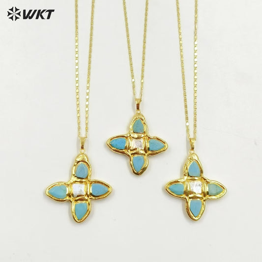 WT-JN314 Amazing Super Hot Christian Religious Natural Turquoise Stone Assemble With Pearl Cross Pendants Necklace in 18K Gold