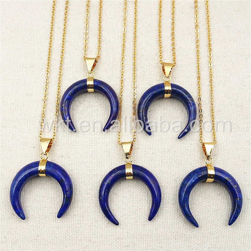 WT-N852 Newest Blue Lapis Stone Horn Necklace with 18" Gold Plated in High Quality Natural Stone Lapis Horn Necklace Wholesale