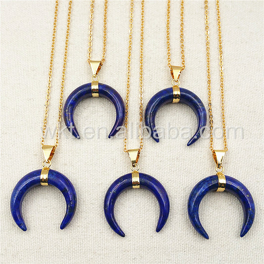 WT-N852 Newest Blue Lapis Stone Horn Necklace with 18" Gold Plated in High Quality Natural Stone Lapis Horn Necklace Wholesale