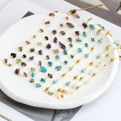 WT-BFN059 Newest Design Handmade Natural Nugget Amethyst Turquoise Stone Beads Rosary Chain Necklace Irregular Beads Necklace