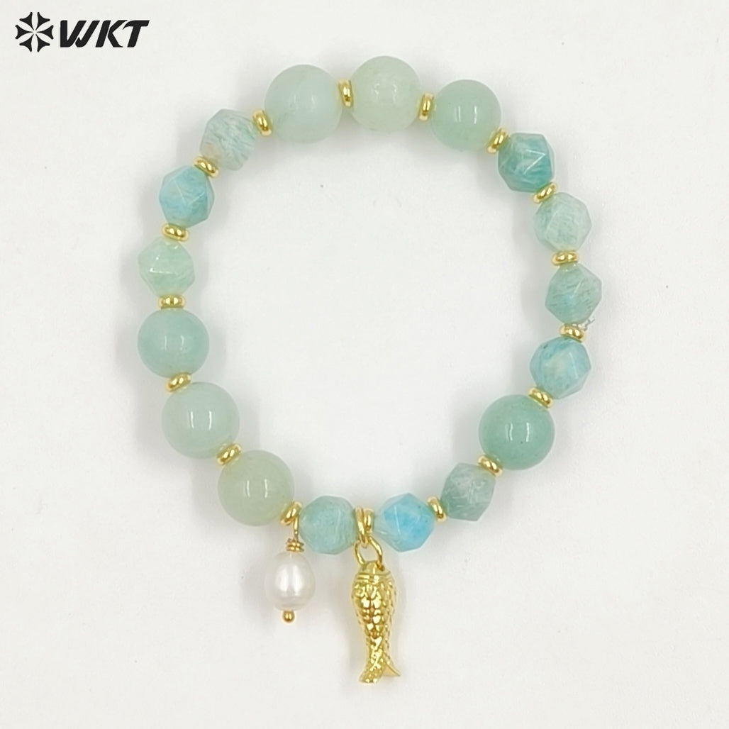 WT-B712 Beautiful Natural Gemstones Beads With Little Pearl And Shell Star Charms Gold Bracelets As Fashion Jewelry Accessory