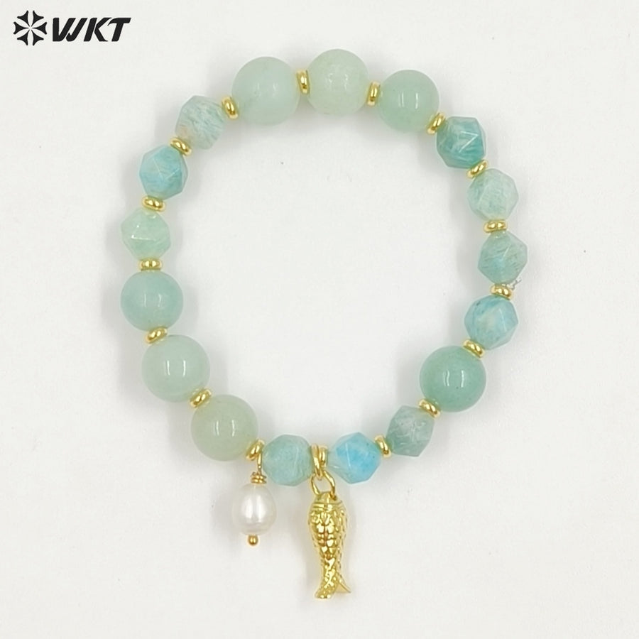 WT-B712 Beautiful Natural Gemstones Beads With Little Pearl And Shell Star Charms Gold Bracelets As Fashion Jewelry Accessory