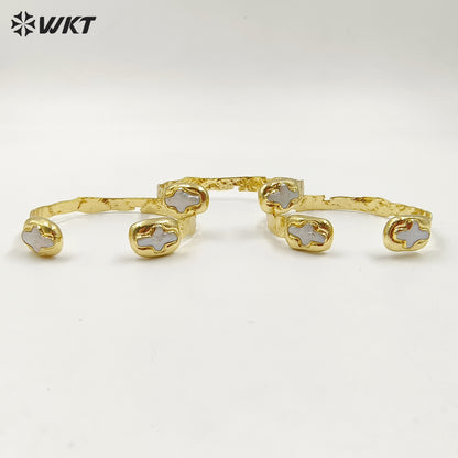 MPB106 Amazing Christian Religious Double Cross Freshwater Pearl Set 18K Gold Plated Metal Bangle in Adjustable