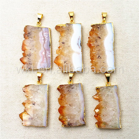 WT-P969 Natural Yellow Citrine Pendant Wholesale for Jewelry Making,high Quality Slice Yellow Citrine Pendant with Gold Plated