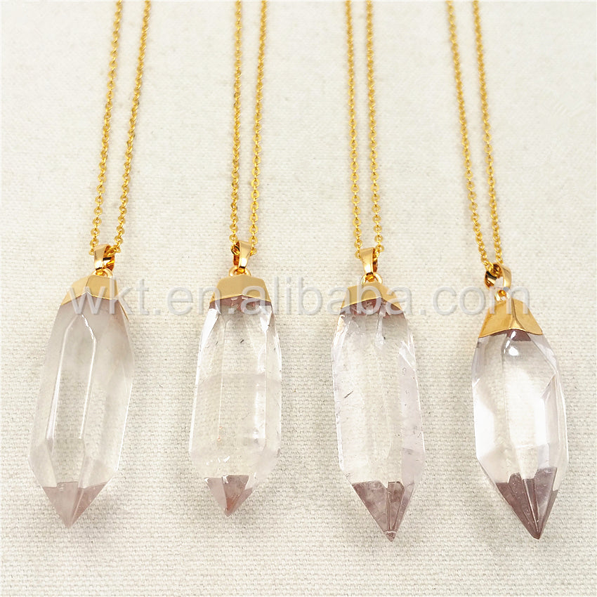 WT-N872 Amazing Clear Crystal Quartz Point Necklace for Holiday Gift,Natural Quartz With 24k Real Gold Plated Point Necklace