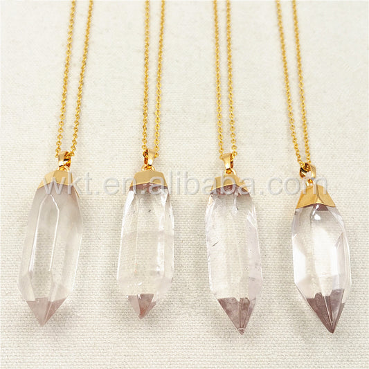 WT-N872 Amazing Clear Crystal Quartz Point Necklace for Holiday Gift,Natural Quartz With 24k Real Gold Plated Point Necklace