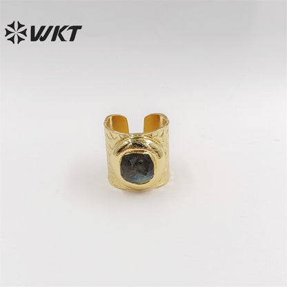 WT-R301 WKT New Design Fashion Gold Bezel 18k Real Gold Plated Natural Gemstone Ring Women Cocktail Finger Birthday Stone Ring