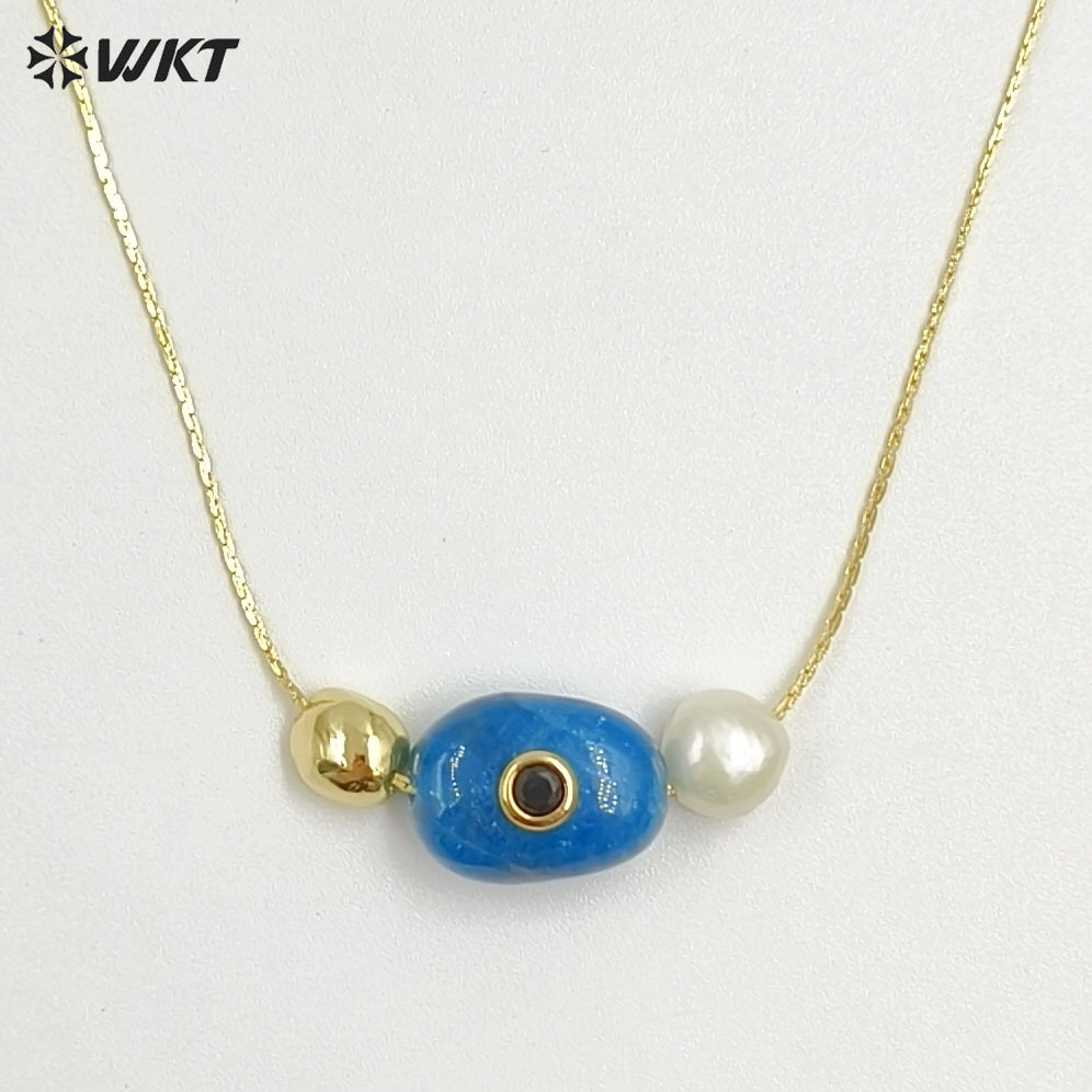 WT-N1541 Elegant Trendy Style Gold Electroplated Tiny Chain With Natural Gemstone And Pearl Pendant Necklace For Daily Wearing
